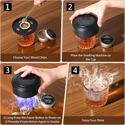 Electric Whiskey Smoker Kit, Rechargeable Cocktail Smoker Kit with 6 Wood Chips, Built-in Lighter, No Butane Needed, Old Fashioned Smoker kit，Gifts for Men, Dad, Husband (Black)