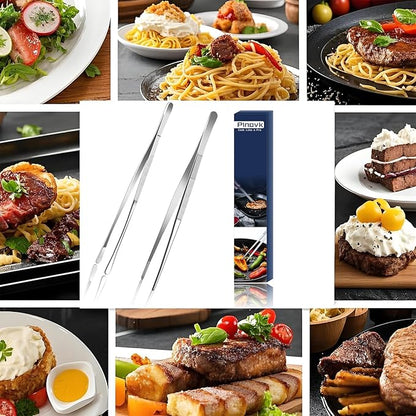 Kitchen Tweezers Tongs, Cooking Tweezers Stainless Steel - 12-inch Ideal for Grilling Meat, BBQ, Pasta, Plating, and Pinching Delicate Small Pieces of Food, Set of 2