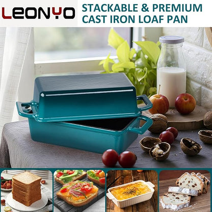 Leonyo 2-in-1 Cast Iron Bread Pan with Lid, Enameled Cast Iron Loaf Pan, 9 x 6 inch Sourdough Baking Pan, Homemade Bread Dutch Oven for Pound Cake, Lasagna, Up to 500℉ & Blackish Green