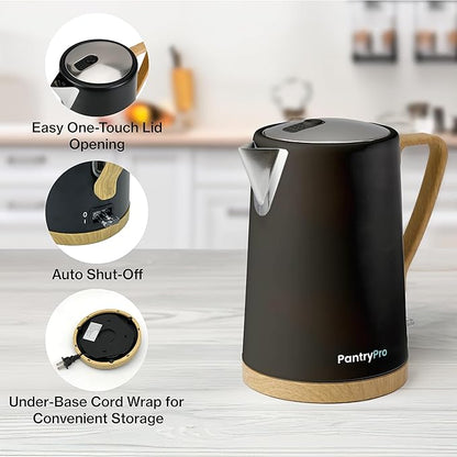 PantryPro 1.7L 1500W Rapid-Boil Electric Kettle - Stainless Steel Interior - Auto Shut-Off, Boil-Dry Protection, LED Indicator, Wide Opening - Black