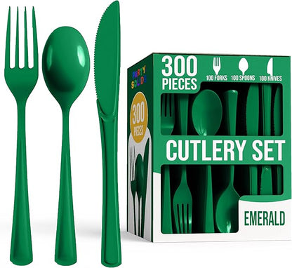 Party Solids Emerald Green Plastic Silverware Heavy Duty 300 Pcs Green Plastic Cutlery Sets, Utensil Sets, 100 Of Each Forks, Knives & Spoons Disposable Cutlery Set, Flatware Set For Party Supplies