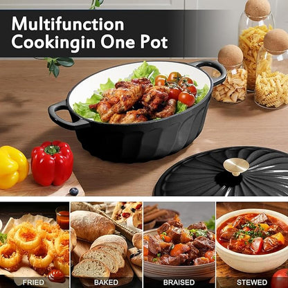 Enameled Oval Dutch Oven Pot with Lid, 7 QT Cast Iron Dutch Oven with Dual Handles for Cooking, Bread Baking, Frying, Non-stick Enamel Coated Oven (Black)