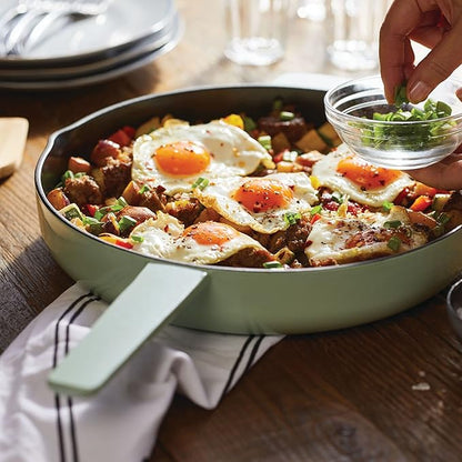 KitchenAid Enameled Cast Iron Frying Pan/Skillet with Helper Handle and Pour Spouts, 12 Inch, Pistachio
