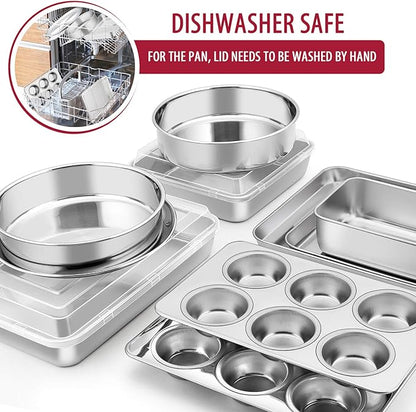 E-far 12-Piece Stainless Steel Bakeware Sets, Metal Baking Pan Set Include Round Cake Pans, Square/Rectangle Baking Pans with Lids, Cookie Sheet, Loaf/Muffin/Pizza Pan, Non-toxic & Dishwasher Safe