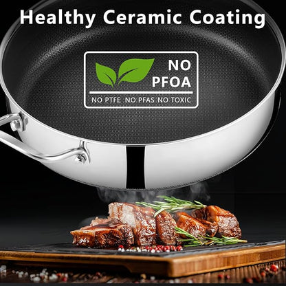 12 Inch Frying Pan Nonstick with Lid, 5.6QT Hybrid Ceramic Deep Saute Pan & Skillet, Tri-Ply Stainless Steel for Even Heat, PFOA/PFOS Free, Induction & Oven Safe
