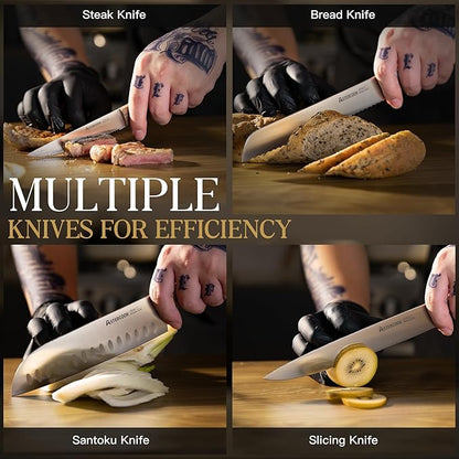 Knife Set, Astercook 17-Pieces Forged Kitchen Knife Set with Block – Full-Tang Stainless Steel Knives, Forged Triple Rivet, Luxury Walnut Handles, Gift-Ready Collection