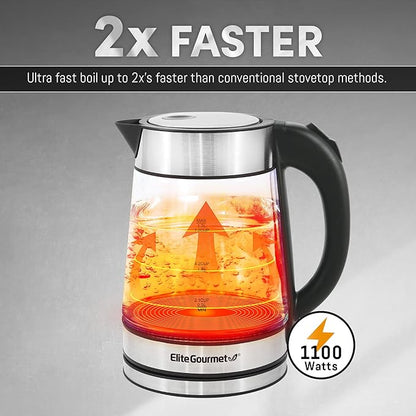 Elite Gourmet EKT602X Glass Electric Tea Kettle Hot Water Heater Boiler BPA-Free with Blue LED Interior, Fast Boil and Auto Shut-Off, Strix Controller, 1.7L, Stainless Steel
