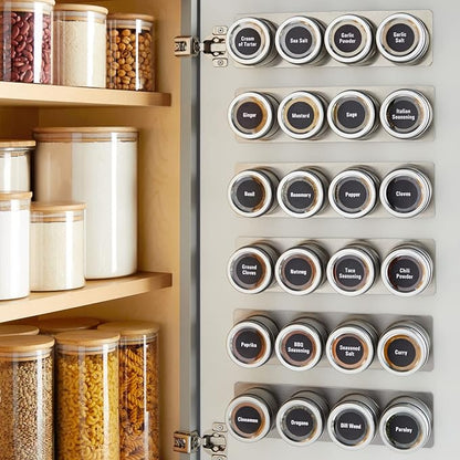 Talented Kitchen Magnetic Stainless Steel Spice Jars - 24-Pack, 3 oz, Silver - Magnetic Kitchen Spice Jars with Organizer Plates & Lids for Fridge & RV - Includes 6 Wall Plates & 269 Preprinted Labels