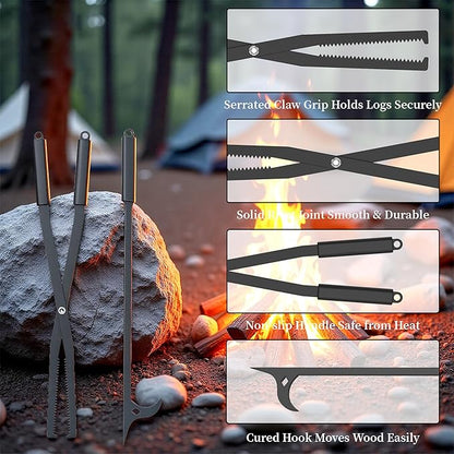 Heavy Duty Fire Tongs Firewood Grabber Tool with Scissor Shape Serrated for Campfire, Bonfire, Fire Pit Log Claw Tongs - Black