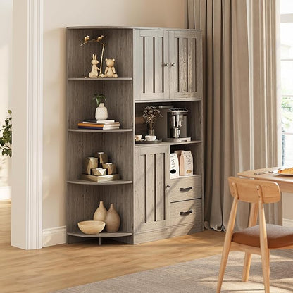 Gizoon 60.4" Pantry Cabinet with Coffee Bar, Tall Kitchen Pantry Storage Cabinet with Microwave Stand and 2 Drawers, Farmhouse Hutch with 4 Open Tiers for Dining Room and Kitchen Organization, Grey