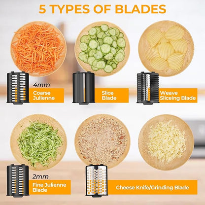 FITNATE Electric Cheese Grater, 250W Electric Slicer Shredder Salad Maker with 5 Replaceable Stainless Blades, Kitchen Chopper Vegetable Cutter for Cheese, Fruits, Vegetables