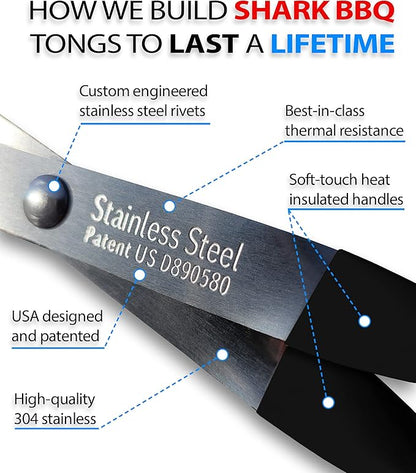 Shark BBQ Tongs for Steak, 17.5" Extra Long, Stainless Steel Grilling Tongs with Scissor Grip, Tong for Cooking, Kitchen & Outdoor Grill - Perfect Barbecue Tool & Gift for Grill Masters, Black