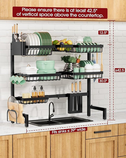 Dish Drying Rack - Over The Sink Dish Drainer Drying Rack with Utensil & Knife Holder, Hooks, Stainless Steel Kitchen Organizers and Storage Solution, 11.8" D x 31.5"~39.0''W x 30" H, Black