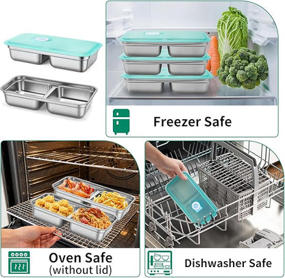 3 Pack Leakproof Stainless Steel Snack Containers with Secure Sealed Lids, Reusable 2 Compartment Bento Boxes for Lunch Prep, Travel, School & Office Stainless Steel Lunch Box