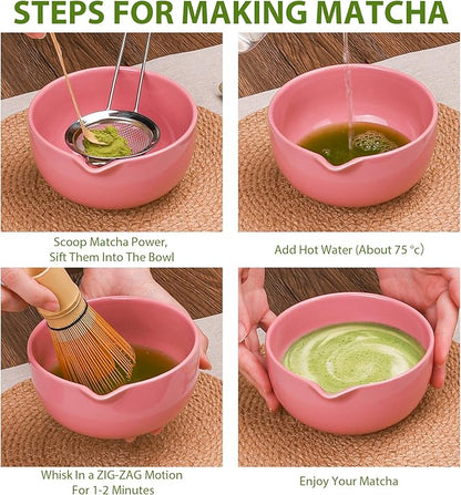 Matcha Whisk Set, 7 Pcs Matcha Kit with Matcha Bowl, Spout, Whisk and Holder, Bamboo Scoop and Stainless Steel Sifter, Japanese Matcha Set for Ceremony, Gift for Matcha Lover