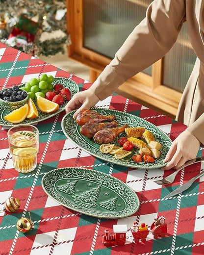 Christmas Tree Serving Platters, 14.5"/ 12.5"/11" Ceramic Oval Serving Trays, Green Serving Plates, Dishwasher and Microwave Safe, Set of 3