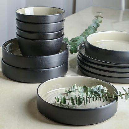 Stone Lain Elica Stoneware 12-Piece Dinnerware, Plates and Bowls Sets, Service for 4, Beige and Black, Modern Dishware, Microwave & Dishwasher Safe