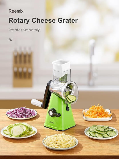 Rotary Cheese Grater with Handle, Reemix Vegetable Cheese Shredder Slicer Grater for Kitchen 3 Changeable Blades for Cheese Potato Zucchini Nuts Chocolate (Green)