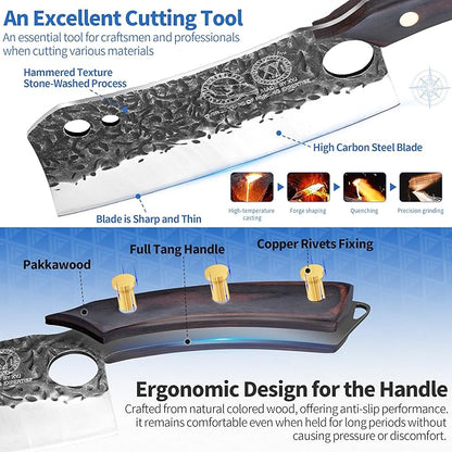 XYJ Authentic Since 1986, Knife Block Set, Full Tang Knives Set with Holder, Cutting Board, Sharpener Rod, Scissors, Cut Resistant Gloves, High Carbon Steel Blades, Cleaver, Slicing Kitchen Knives