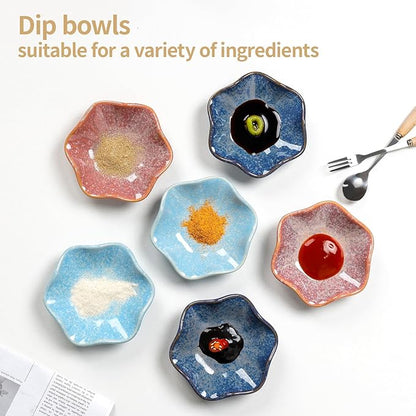 Dipping Bowls Set of 6, Ceramic Soy Sauce Dishes, 2 oz Dipping Sauce Cups, chrysanthemum Round Small Side Dish Dishes for Dipping Sushi Tomato Soy Sauce Dish