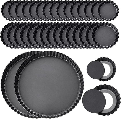 Layhit 34 Pcs Tart Pans - 2x 9.5" + 16x 3" Small + 16x 4" Mini Non Stick Tart Pans with Removable Bottom for Baking, Heavy Duty Carbon Steel Quiche Molds