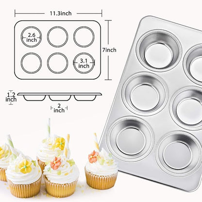 TeamFar 2 Packs Muffin Pan, Stainless Steel Muffin Cupcake Pan Tin Tray for Baking, for Mini Cakes/Tarts/Quiche, Healthy & Sturdy, Oven & Dishwasher Safe (6-Cup)