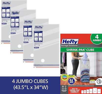 Hefty Shrink-Pak Vacuum Storage Bags – For Clothes, Pillows, Towels, Blankets & More – Space Saver Vacuum Suction Sealer Bags for Home or Travel – 4 Jumbo Cubes, 43.5 x 34 x 18 Inches