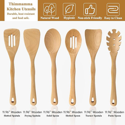 Wooden Spatula Set, 6 Pack Kitchen Wood Slotted Spoon Spatulas Turner Utensils for Cooking, Non Toxic Solid Wooden Spatulas Natural Wood Serving Spoons Spaghetti Utensil Set for Nonstick Cookware