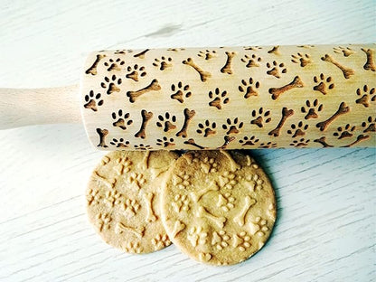 PAW and BONE EMBOSSING ROLLING PIN LASER ENGRAVED PATTERN with PAWS and BONES for EMBOSSED COOKIES or PASTA