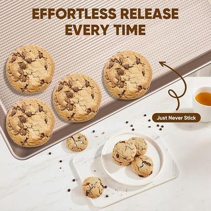 Nonstick Baking Sheet Pan Set of 3, Heavy Duty Cookie Sheets for Oven with Stripe Texture Pattern, 0.6mm Thick Quarter/Half/Jelly Roll Pans, Rust-Resistant & Easy Clean (Champagne Gold)