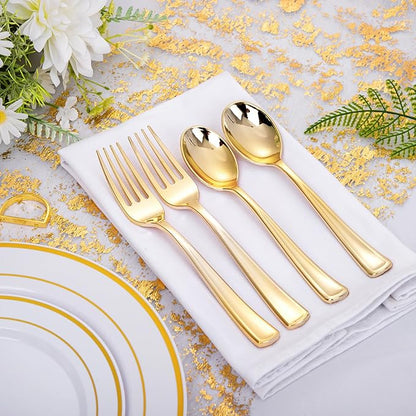 bUCLA 600PCS Gold Plastic Spoons and Forks Set - Plastic Forks and Spoons Disposable - Heavy Duty Gold Silverware Set Party Supplies Include 300 Forks and 300 Spoons for Party&Wedding