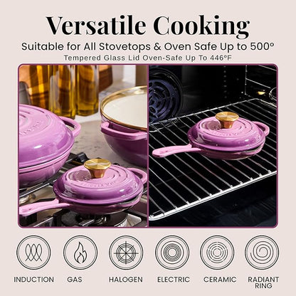 Chef Joe Sasto Small Skillet with Lid, Enameled Cast Iron, Small Frying Pan for Eggs, Omelets & Single Servings, Sweet Treats, Professional Cookware, Induction Compatible, Oven & Dishwasher Safe