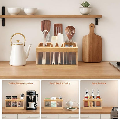 Kitchen Utensil Holder 6-Compartment Countertop Cooking Spoon Holder with Absorbing Drying Stone & Acrylic Panel Bamboo Kitchen Utensil Organizer
