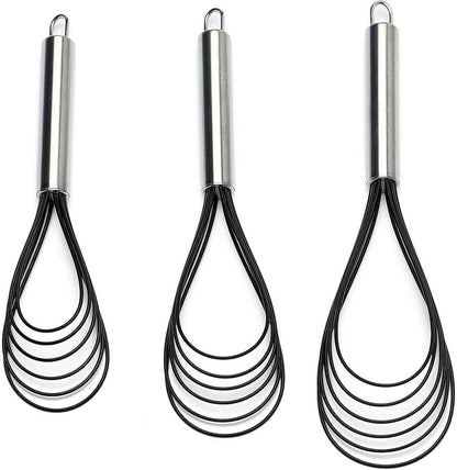 Flat Whisk Set,Stainless Steel 3 Pack 10''+11''+12'' Premium Sturdy-6 Silicone Heads Non Stick Wires Whisk for Blending Beating Stirring Kitchen Cooking by Jell-Cell (Black)