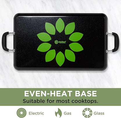 Ecolution Artistry Nonstick Double Burner Griddle, Easy To Clean, Cool Touch Silicone Handle, Dishwasher Safe Pots and Pans, 12-Inch x 18-Inch, Black
