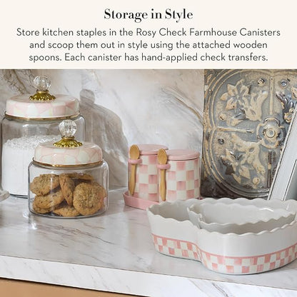 MACKENZIE-CHILDS Set of 2 Ceramic Farmhouse Canisters, Kitchen Storage Containers with Lids, Pink-and-White Rosy Check