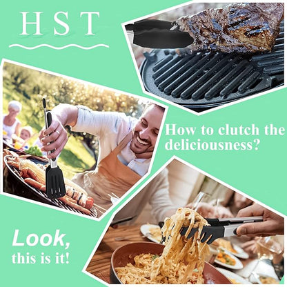 HST Tongs for Cooking with Silicone Tips(3 Pack), Non Stick Kitchen Tongs with Silicone Tip for Cooking BBQ Baking (9", Black)