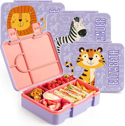 Personalized Bento Box for Kids with Safari Icon and Name - Lilac - 5 Compartments Drop-Proof Bento Box, Dishwasher Safe, Made with BPA-Free Materials, Bento Lunch Box for Kids and Toddlers