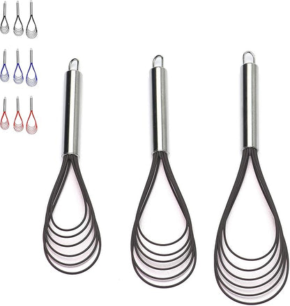 Flat Whisks Stainless Steel,3 Pack 10''+11''+12'' Set Premium Sturdy-6 Silicone Heads Non Stick Wires Whisk for Blending Beating Stirring Kitchen Cooking Color Grey by Jell-Cell