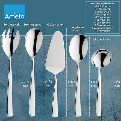 Amefa 45-Piece Flatware Cutlery Set, Service for 8 - Dishwasher Safe 18/10 Stainless Steel, High Gloss Mirror Finish & Ergonomic Design, Complete Silverware Collection - 5-Piece Serving Set (Martin)