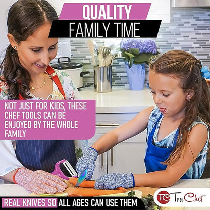 5-Piece Kids Knife Set for Real Cooking | Stainless Steel Chef, Paring & Serrated Knives with Peeler & Holder | Safe Junior Chef Cooking Set for Kids (5 pcs, Pink)