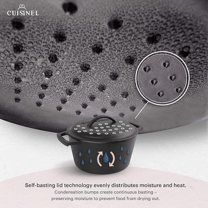 Cuisinel Cast Iron Dutch Oven - 3-Quart Deep Pot + Lid + Pan Scraper + Handle Covers - Large Pre-Seasoned Cooker for Baking Bread, Soup, Frying - Indoor/Outdoor Kitchen, Camping, Fire, BBQ Cookware