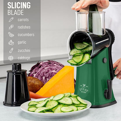 Zulay Kitchen Rotary Cheese Grater 5 Blade Cheese Shredder - Manual Hand Crank Cheese Grater With Reinforced Suction & 5 Interchangeable Drums - Easy to Use, Vegetable Chopper Round Mandoline Slicer