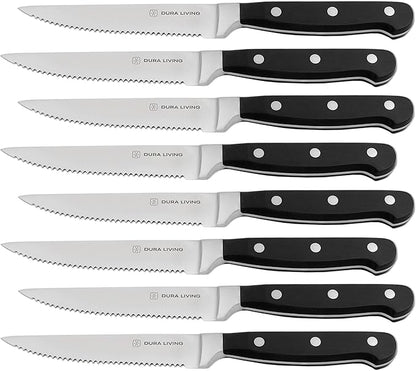 DURA LIVING Premium 8-Piece Steak Knife Set – Sharp Serrated Blades, Forged High Carbon Stainless Steel, Full Tang, Ergonomic Handle, Elegant Black Finish – Ideal for Dining & Entertaining