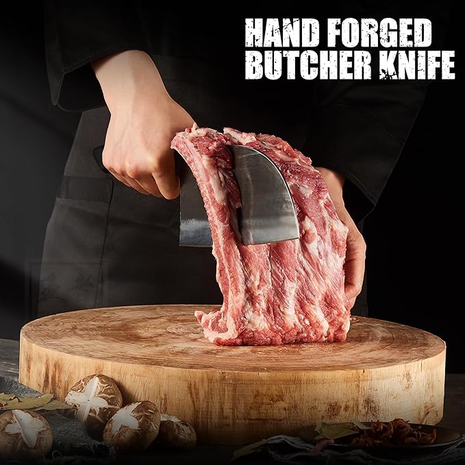 ENOKING Serbian Chef Knife 6.7 Inch, Handmade Professional Meat Cleaver Knife with Leather Sheath, High-Carbon Clad Steel Butcher Knife with Full Tang Handle for Kitchen, Camping, BBQ