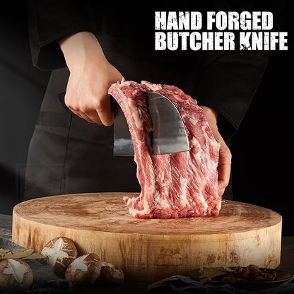 ENOKING Serbian Chef Knife 6.7 Inch, Handmade Professional Meat Cleaver Knife with Leather Sheath, High-Carbon Clad Steel Butcher Knife with Full Tang Handle for Kitchen, Camping, BBQ
