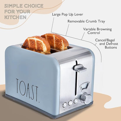 Rae Dunn Toaster, Stainless Steel 2 Slice Square Toaster, Wide Slot with 5 Browning Levels, with Bagel, Defrost and Cancel Options (Baby Blue)
