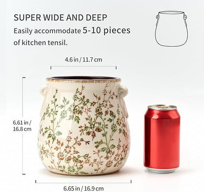 Utensil Holder for Kitchen Counter, Modern Farmhouse Rustic Cooking Utensil Holder and Crock, Exquisite Chinoiserie Floral Ceramic Utensil Organizer for Home Kitchen Decor- Green and Beige