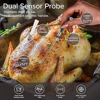 CulinaMeter Two: 2 Probes Wireless Meat Thermometer with LCD Screen, 750FT Digital Cooking Food Thermometer for Beef Lamb Turkey, Dual Sensor Measures Internal & Ambient Temp