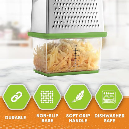Spring Chef Professional Green 10" Parmesan Cheese Grater With Container, Stainless Steel Food Grater for Kitchen with Handle, 4 Sided Carrot Shredder, Handheld Vegetable & Cabbage Shredder